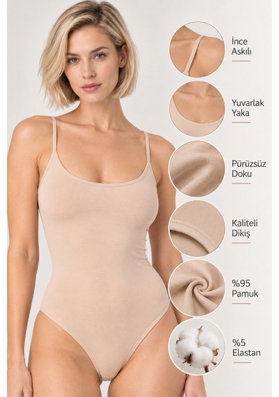 Loule Kadın %95 Pamuklu İnce Askılı Alttan Kancalı Body Ten