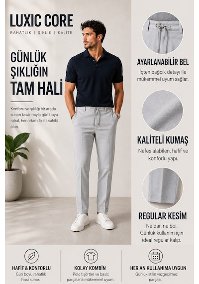 Luxıc Core Erkek Pamuklu Bağcıklı Pantolon Rahat Kalıp Günlük Casual Yazlık 2026 Yaz Koleksiyonu Açık Gri