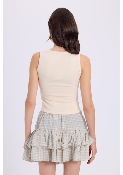 Tudors Kadın Slim Fit Dar Kesim V Yaka Sıfır Kol Pamuklu Ribanalı Bej Bluz-38840 Bej