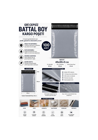 Northcity Gri Cepsiz Battal Boy Kargo Poşeti 45x55+5 Cm 100 Adet