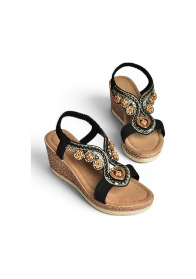 Fox Shoes Y274501609 Siyah Dolgu Tabanlı Kadın Sandalet