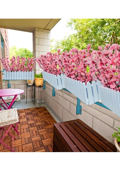 Yapay Çiçek Beyaz Çit Balkon Saksısı Mavi Karanfil 55*20cm