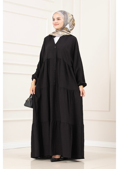 Sevitli Lilyum Kumaş Robalı Katya Elbise-siyah-5823