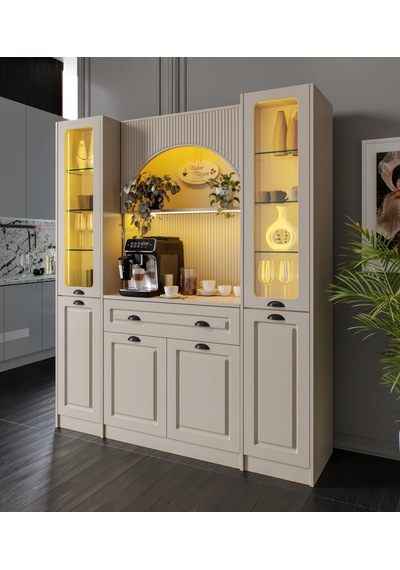Siena Maxi 170 Cm Komple Mdf Cam Vitrinli Kahve Köşesi - Kum Beji