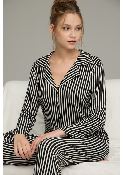Siyah İnci Gömlek Yaka Düğmeli Milan Örme Pijama Takım25224032 Siyah