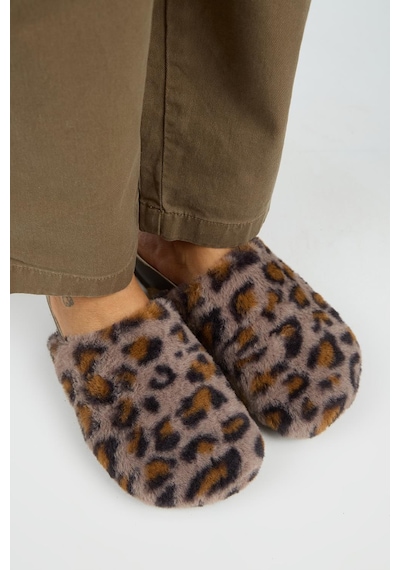 Manijero Leda Kadın Peluş Düz Vizon Leopar Terlik