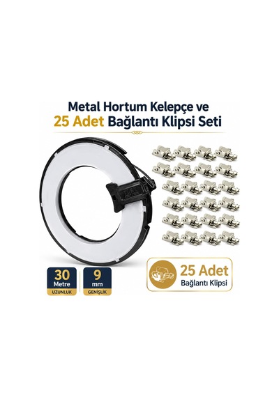Metal Rulo Kelepçe Tp 9mm 30 Metre + 25 Adet Bağlantı Klipsi Kelepçe Tamir Seti