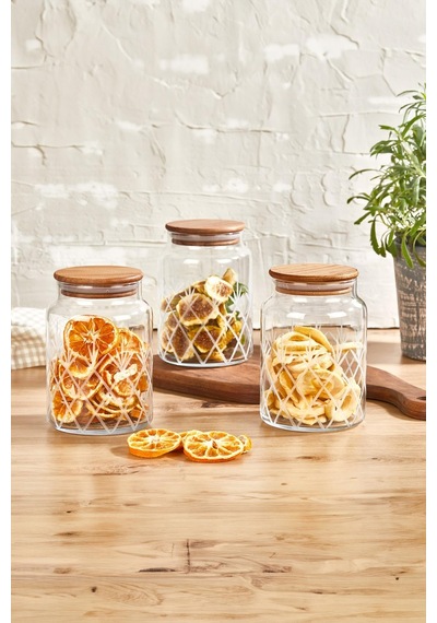 Selka Home - 3'lü Kesme Detaylı Ahşap Kapak Kavanoz 890 Ml