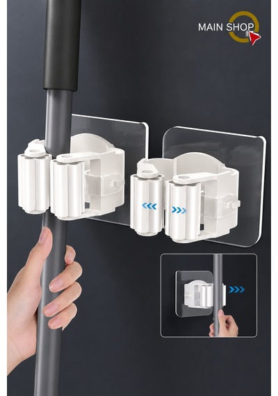 Mainshop 2 Li Paket Yapışkanlı Mop Süpürge Tutucu - Delmesiz Paspas Askısı M-310 Beyaz