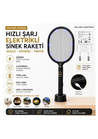 Dijital Ekranlı Şarjlı Sinek Raketi Usb Type-c Elektrikli Standlı El Tipi Mor Işıklı Sivrisinek Öldürücü Black