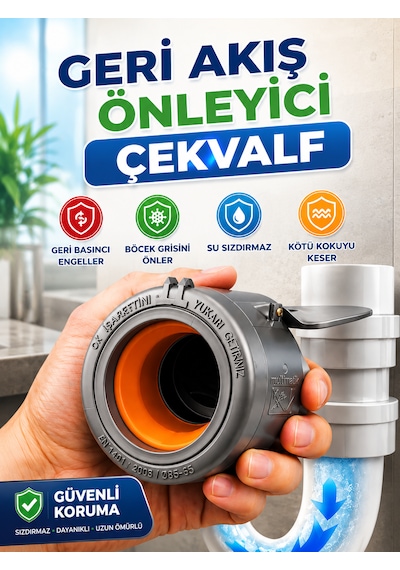 Cinamax Ø50 Lavabo Gideri Çekvalfli Adaptör Koku Önleyici, Böcek Önleyici, Geri Akış Engelleyici, Sızdırmaz Lavabo Gider Aparatı Gri