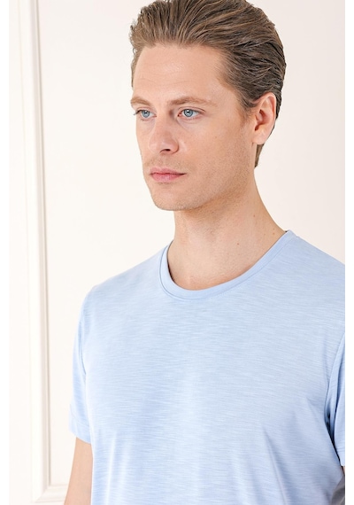 Efor Slim Fit Bisiklet Yaka Doku Desenli Pamuklu Mavi Tişört Ts 881 Mavi