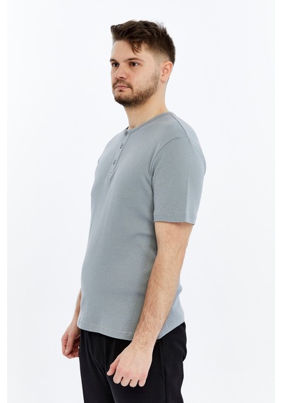 Erkek Henley Yaka %100 Pamuklu Dokulu Kumaştan Kısa Kollu Günlük Basic Tişört Gri