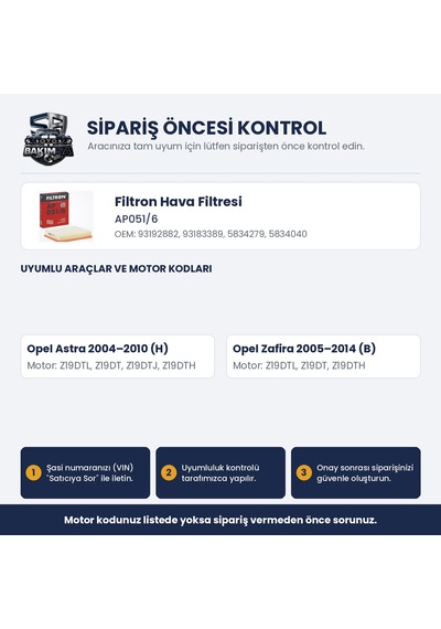 Filtron Ap051/6 Hava Filtresi - Opel Astra H 04+ 10 Zafira B 08+ 15 1.9 Cdti Telli Ve Süngerli
