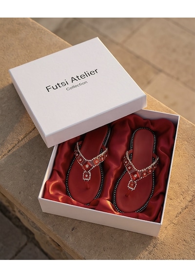 Futsishoes Amelıe Kırmızı Hakiki Deri Taş İşlemeli Parmak Arası Kadın Terlik