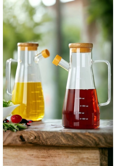 2'li Bambu Kapaklı Cam Yağdanlık Vakumlu Borosilikat Cam Sirkelik Zeytinyağı Şişesi Yağlık 900 Ml.