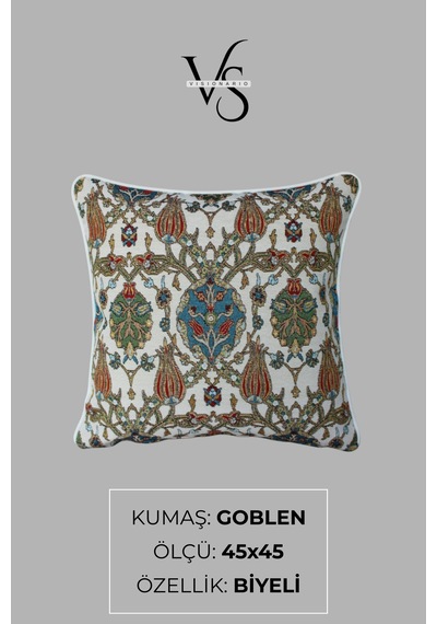 Kırlent Kılıfı Goblen Dokuma Kumaş - 45x45cm Çift Taraflı Biyeli Dekoratif Kırlent Kılıfı - Vs-1067 Çok Renkli