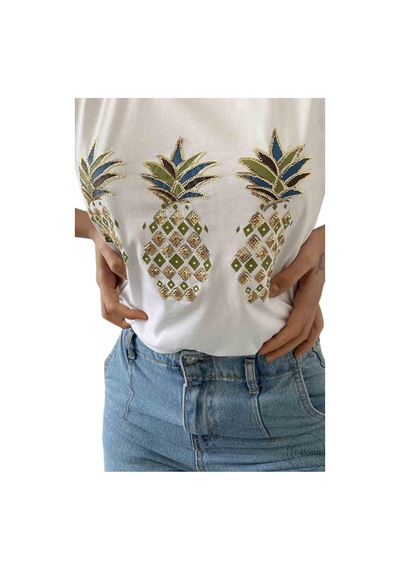 Cassime Kadın Büyük Ananas Pul Payet Işlemeli %100 Pamuk Kısa Kollu V-yaka Tişört Xl-2xl-3xl Beyaz Cassime Kadın Büyük Ananas Pul Payet Işlemeli %100 Pamuk Kısa Kollu V-yaka Tişört Xl-2xl-3xl Beyaz