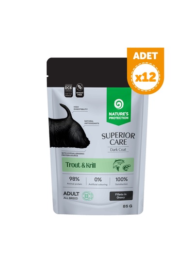 Nature S Protection Superior Care Koyu Tüylü Köpekler İçin Alabalıklı & Krilli Sos İçinde Yaş Köpek Maması 85g 12 Adet
