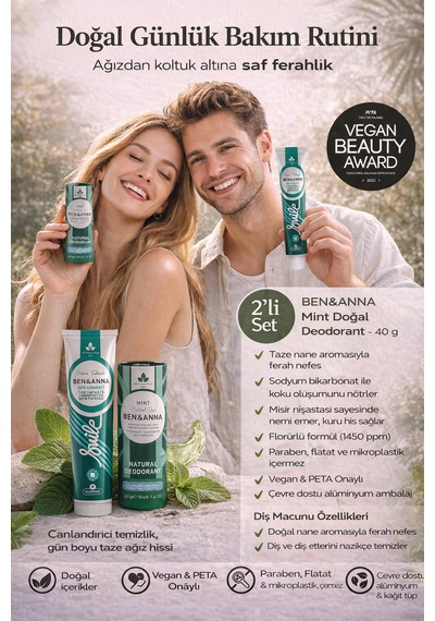 Ben & Anna Mint Doğal Bakım Nane Aromalı Florürlü Diş Macunu 75 Ml + Doğal Deodorant 40 G Vegan