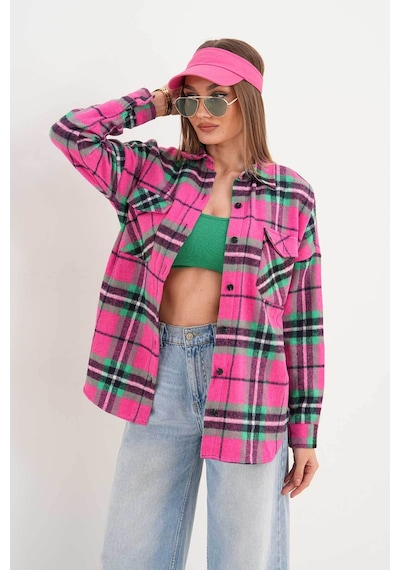 Polologin Butik Fuşya Yeşil Cepli Spor Kesim Gömlek Pembe