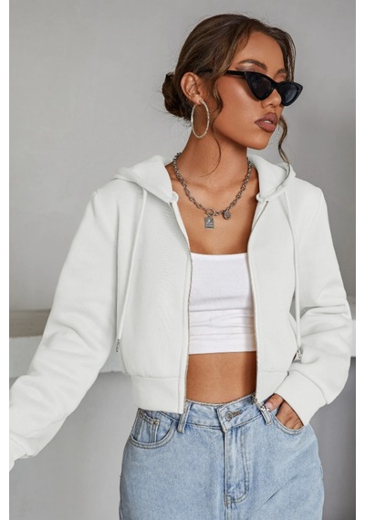 Cool Tarz Kadın Kapüşonlu Şardonlu Beyaz Renk Crop Sweatshirt Beyaz Beyaz