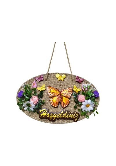 Jüt Hasır Zeminli "hoşgeldiniz" Kapı Süsü - Kelebek Ve Çiçek Motifli Dekoratif Askı 16x26 Cm