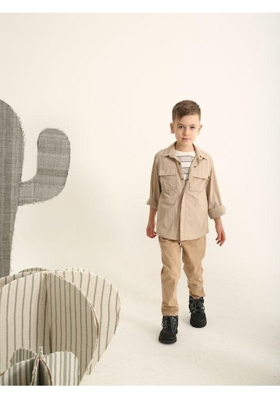 Nanica Kids Erkek Çocuk Paraşüt Kumaş Çıtçıtlı Cepli Gömlek-16007 Bej