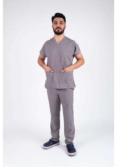 Gri Likralı Erkek Hemşire Ve Doktor Forması Takımı Scrubs Hastane Üniforması