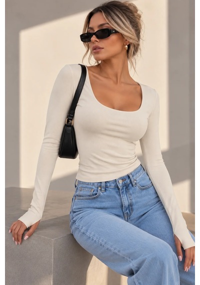 Bb Butik Basic Kadın Soft Touch Parmak Geçmeli Kare Yaka Body Mdk37 Beyaz