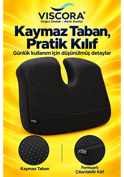 Visco Kuyruk Sokumu Oturma Minderi Araba, Ofis Ve Ev İçin U Şekilli Kaymaz Taban Siyah
