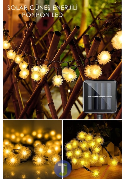 Technojet Solar Güneş Enerjili 50 Led'li 7m Ponpon Led Işık Dekorasyon Bahçe Aydınlatma Sarı Işık Sarı