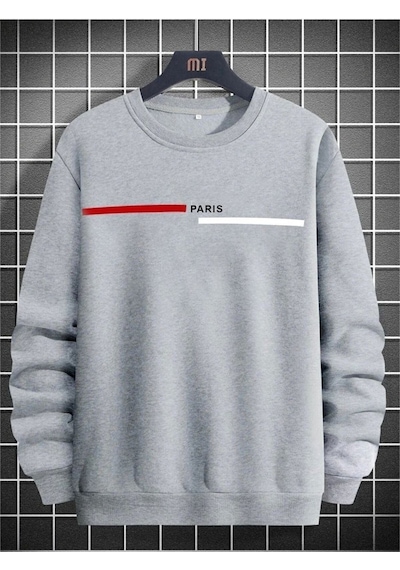 Paris Çizgili Sweatshirt - Gri Baskılı Oversize Bisiklet Yaka Gri