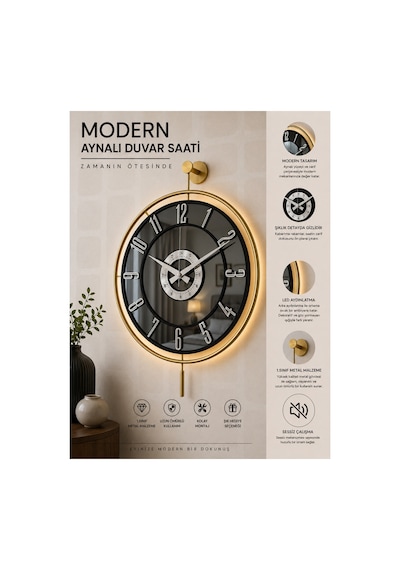 Pey Aksesuar Metal Camlı Duvar Saati Işıklı Gerçek Cam Duvar Saati Modern Tasarım Gold-füme-siyah-gümüş