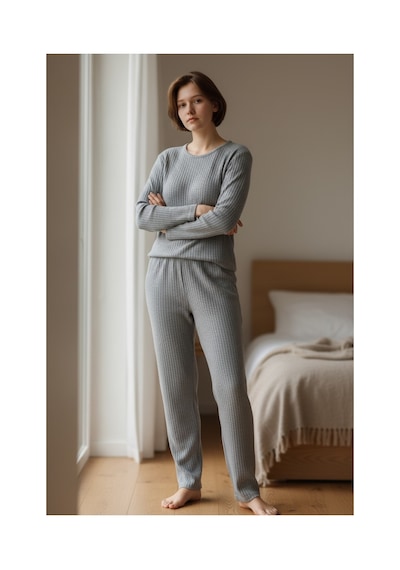 Feg Store %100 Pamuk Gri Yumuşak Dokulu Fitilli Uzun Kollu Kadın Pijama Takımı