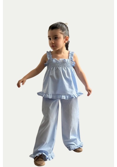 Boyboy Kidswear Kız Çocuk Fırfır Detaylı Askılı Bluz Ve Pantolon Takım Mavi Boyboy Kidswear Kız Çocuk Fırfır Detaylı Askılı Bluz Ve Pantolon Takım Mavi