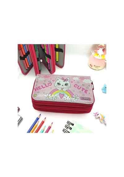 Simli Işıltılı Kitty Hello Cute Kalem Kutusu Vegan Deri Kalemkutu Üç Bölmeli Kalemlik -pembe