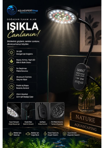 Sobo Usb Akvaryum Işığı - Balık Işığı - Bitki Işığı - 34 Led - Y-3w - Güçlü Aydınlatma - Üstün Performans - 23 Cm - Siyah