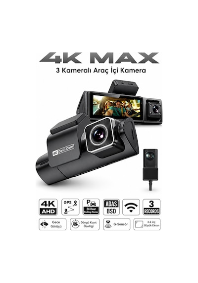 Bagajon 3 Kameralı Yapay Zekâ Destekli 4k Araç İçi Kamera Ön İç Arka Kamera Wifi Gps Adas 24 Saat Park Modu Gece Görüşlü