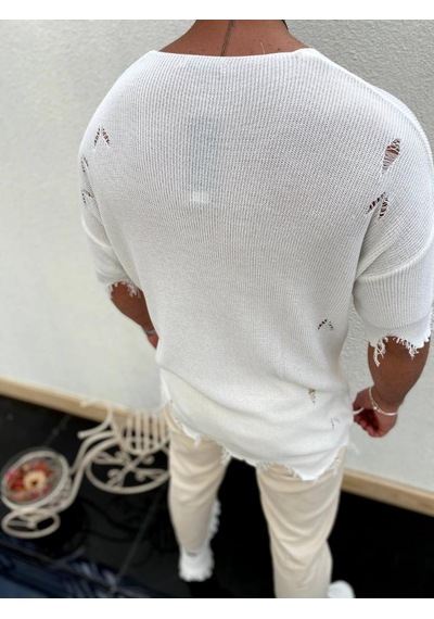 Elkumoda Yırtık Detaylı Tişört Lazer Kesim Tshirt-2684