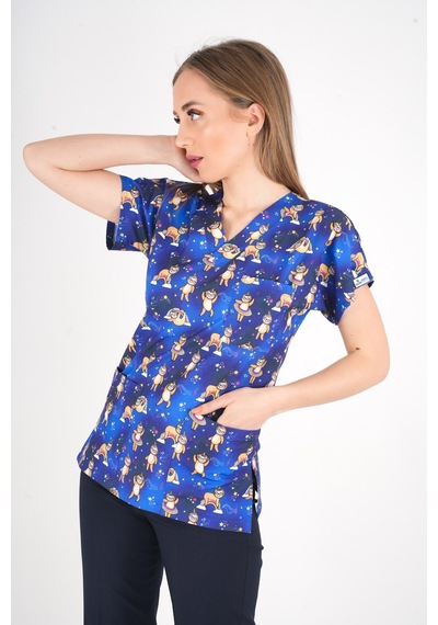 Unisex Stars Club Desenli Doktor Hemşire Hastane Aşçı Mutfak Scrubs Tek Üst Üniforma Saks Mavi
