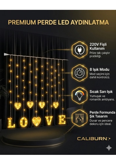 3 Metre Perde Led Işık - 8 Modlu Kalp Ve Love Figürlü Dekoratif Animasyonlu Led Renkli