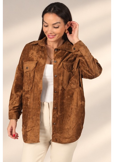 By Saygı Kadın Kapaklı Çift Cepli Çitçıtlı Süet Gömlek Camel