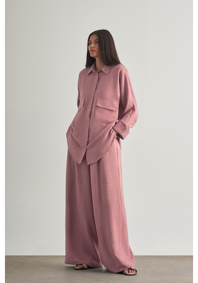 Mizalle Keten Dokulu Beli Lastikli Pudra Pembe Bol Kesim Pantolon Pudra