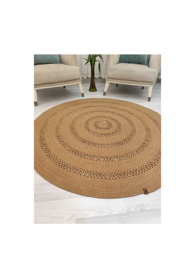 Jüt Hasır Görünümlü Desenli Modern El Örgüsü Daire Halı Kilim Hasır Hasır