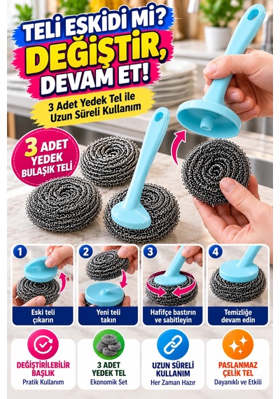 4'lü Süper Set Bulaşık Teli Fırçası 3 Yedek Tel Telli Bez Tencere Tava Mutfak Temizlik Seti