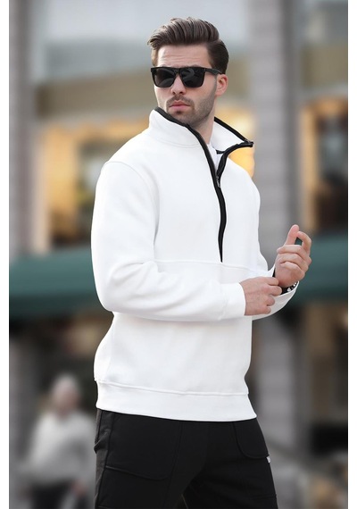 Madmext Ekru Dik Yaka Yarım Fermuarlı Sweatshirt 7079 Ekru