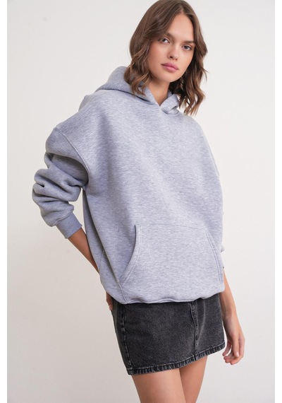 Mixray 2022 Unisex 3iplik Basic Polarlı Kapüşonlu Sweatshirt Hoodie Gri