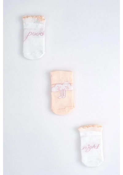 Cocole Socks Kız Bebek Soket Çorabı 3 Lü Set Pamuklu Somon İyi Geceler & Bulut Desenli Çok Renkli