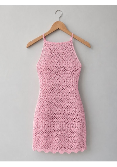 Neden Tekstil Ajurlu Sırt Dekolteli Transparan Beachwear - Mini Plaj Elbisesi - Pembe